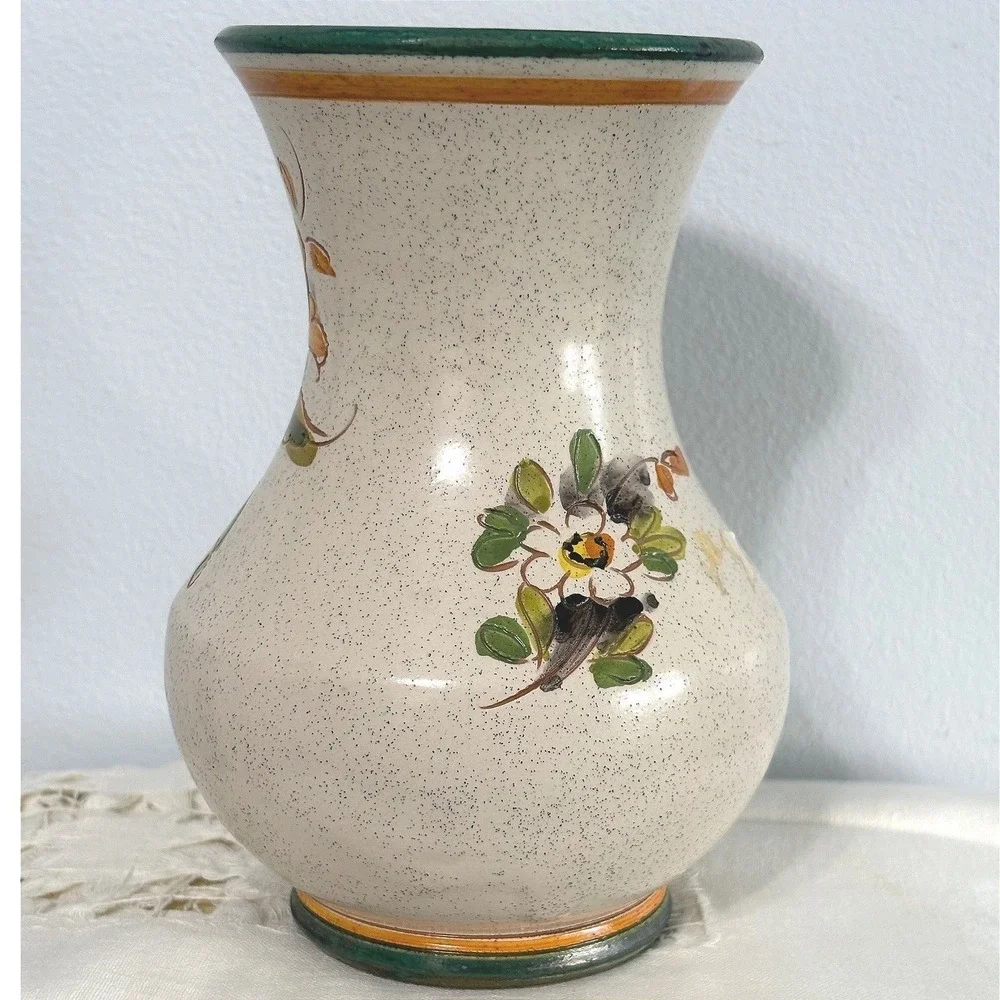 Hand Painted Floral Ceramic Vase Speckled Cream Red Rose Italian Majolica Style